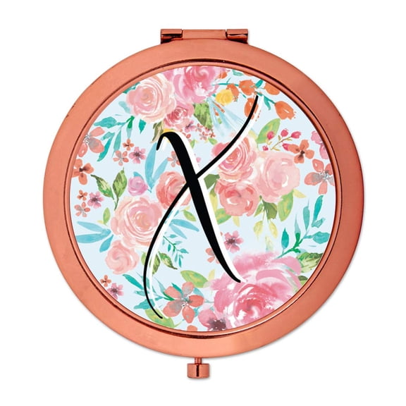 Koyal Wholesale Compact Mirror Bridesmaid's Wedding Gift, Rose Gold, Monogram Letter X, Tea Party Pink Floral Flowers