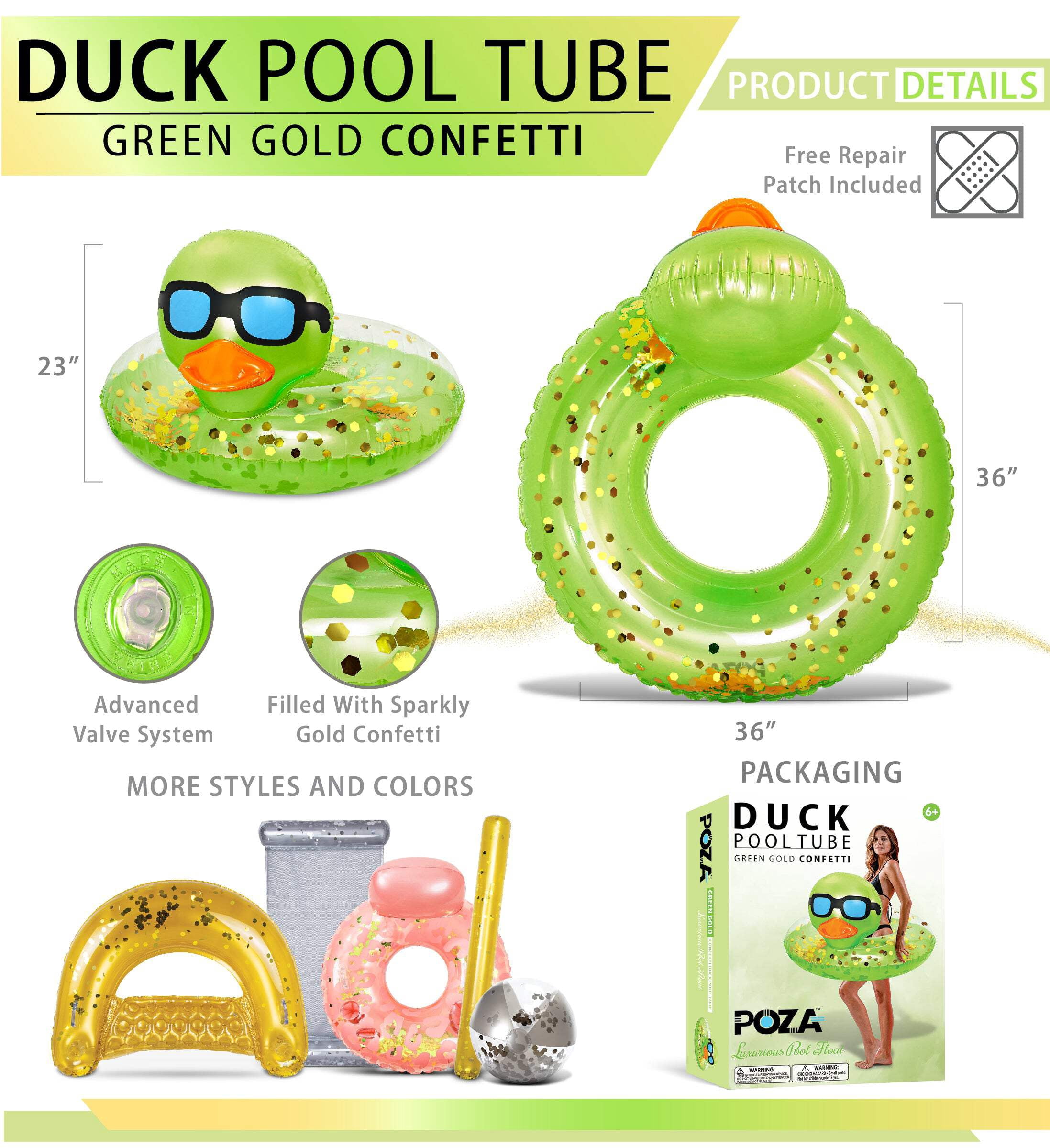 POZA Inflatable Duck Pool Float For Kids and Adults - Green Gold, 23 Inches