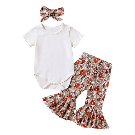 

Girls Short Sleeve Romper Bodysuit Floral Prints Bell Pants Headbands Outfits Size 3 Months-18 Months