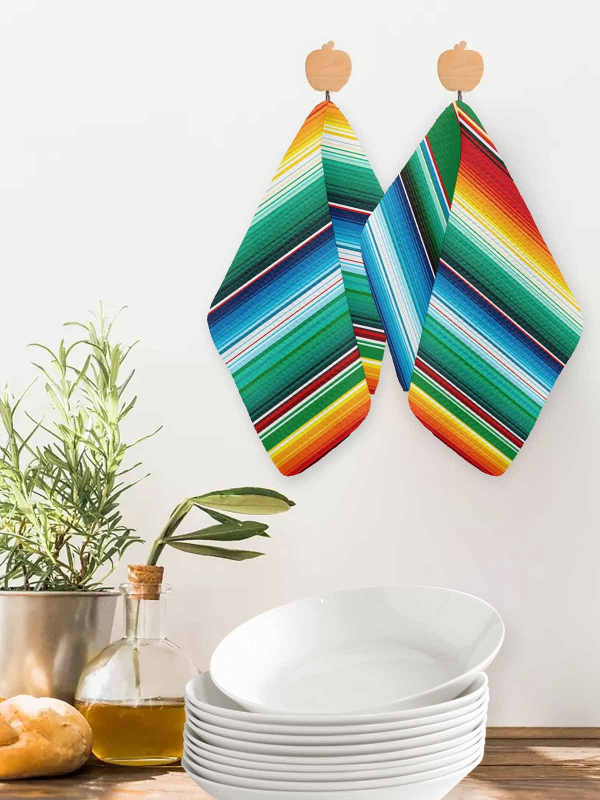 Mexican Stripes Dish Towels Set, Waffle Weave Kitchen Towels 3 Pieces, Colorful Striped Mexican Fiesta Theme Microfiber Hair Face Bath Tea Towel Absorbent Quick Drying Cleaning Dish Cloths, 12"x12"