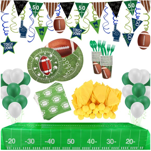 Football Party Supplies And Decorations Set-Serves 24 Include Tablecloth Plates Flatware Cups And Football Flag Paper Napkins Hanging Swirl Banner Balloons For Football Party