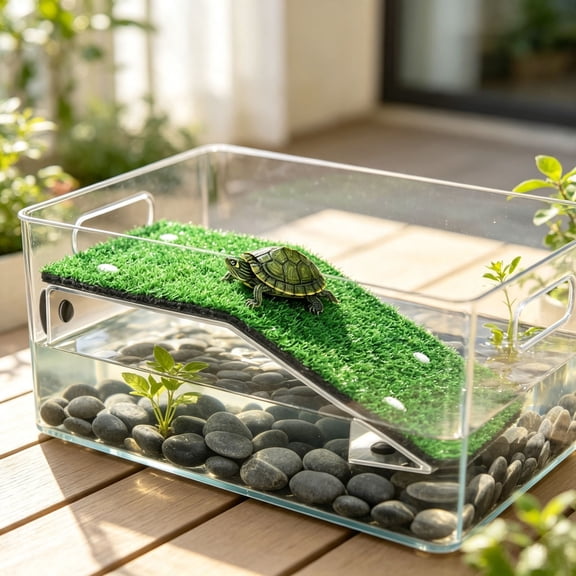 Turtle Basking Platform, SuctionâCup Artificial Grass Reptile Sunning Ramp, RealisticâLounge Resting Terrace for Turtles Aquarium Terrarium Habitat Decoration