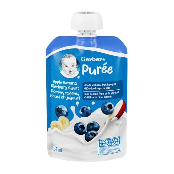 GERBER Purée Pomme Banane Bleuet Yogourt, Faite avec de Vrais Fruits et du Yogourt, pour Bébés & Tout-Petits, Sans Sucre Ni Sel Ajoutés, Sans OGM, Poche Refermable