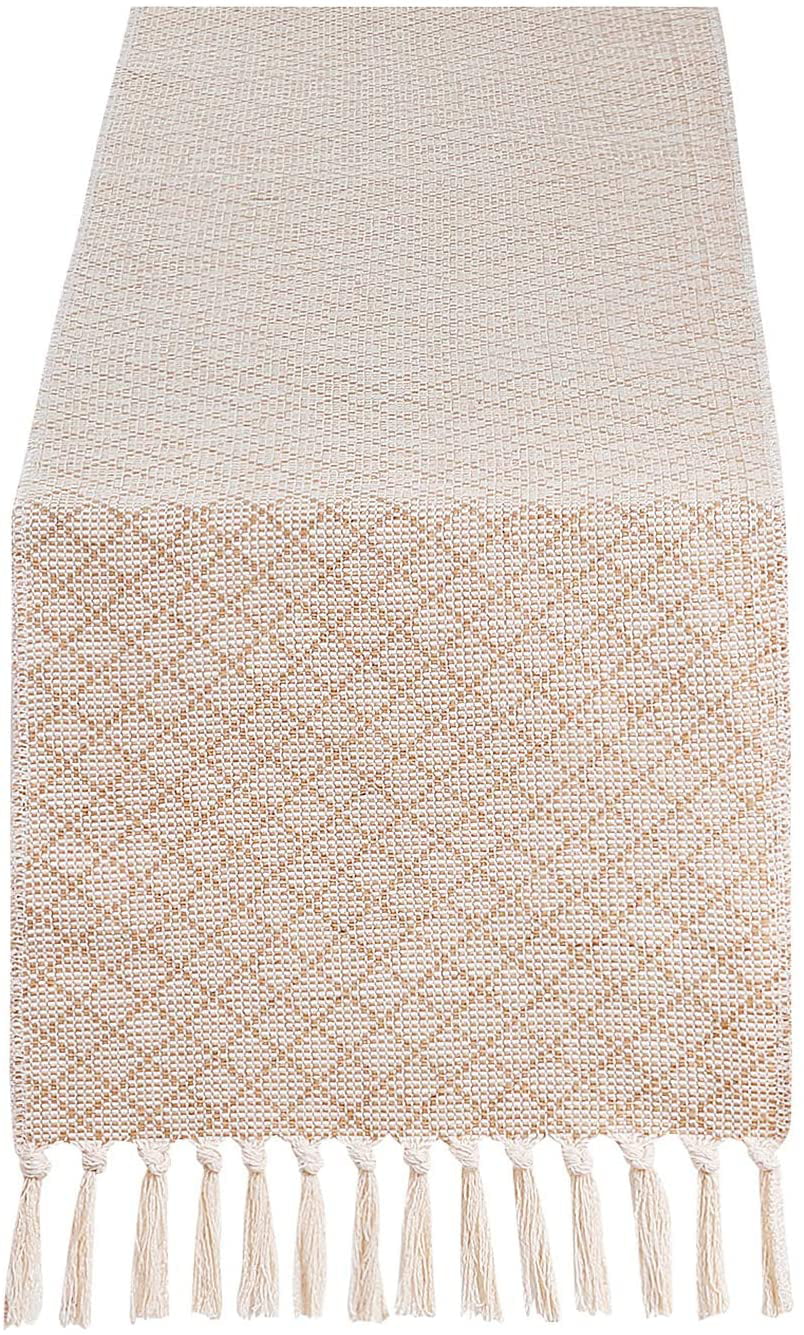 Jute Woven Farmhouse Country Dresser Decor 12 x 90 inch Rustic Cotton Burlap Table Runner with Handmade Fringe Check 
