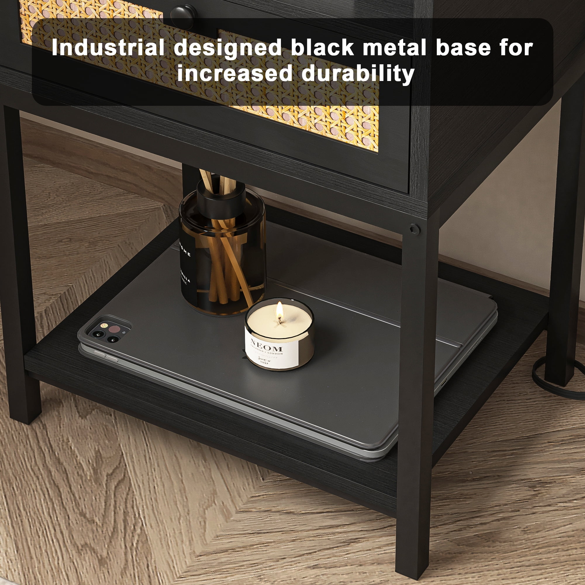Kadyn Modern Nightstand, Night Stand with Charging Station & USB Ports, Bedside Table with Drawers and Charging Cable for Living Room, Black
