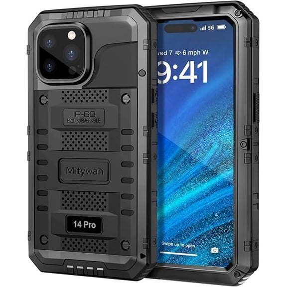 Waterproof Case for iPhone 14 Pro, Heavy Duty Shockproof Case with Built-in Screen Protector, Full Body Underwater Protective Metal Case 6.1 inch, Black