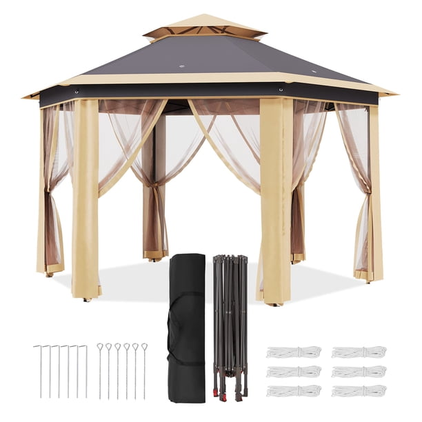 13x13 ft pop - up hexagonal gazebo canopy shelter con 6 zippered mesh netting y strong steel frame para events