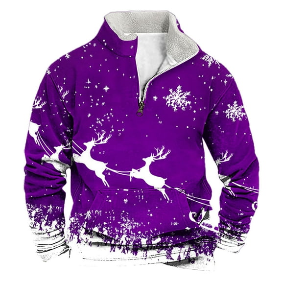 KeShDi Christmas Mens Crewneck Sweatshirts Men Casual Fashion Stand Collar Print Zipper Pullover Long Sleeve Sweatshirt PurpleL