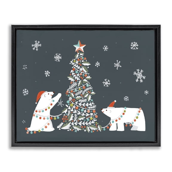 Stupell Industries Contemporary Polar Bears with Christmas Tree Black Floating Frame Canvas Art, 21 x 17, by Irene Chan