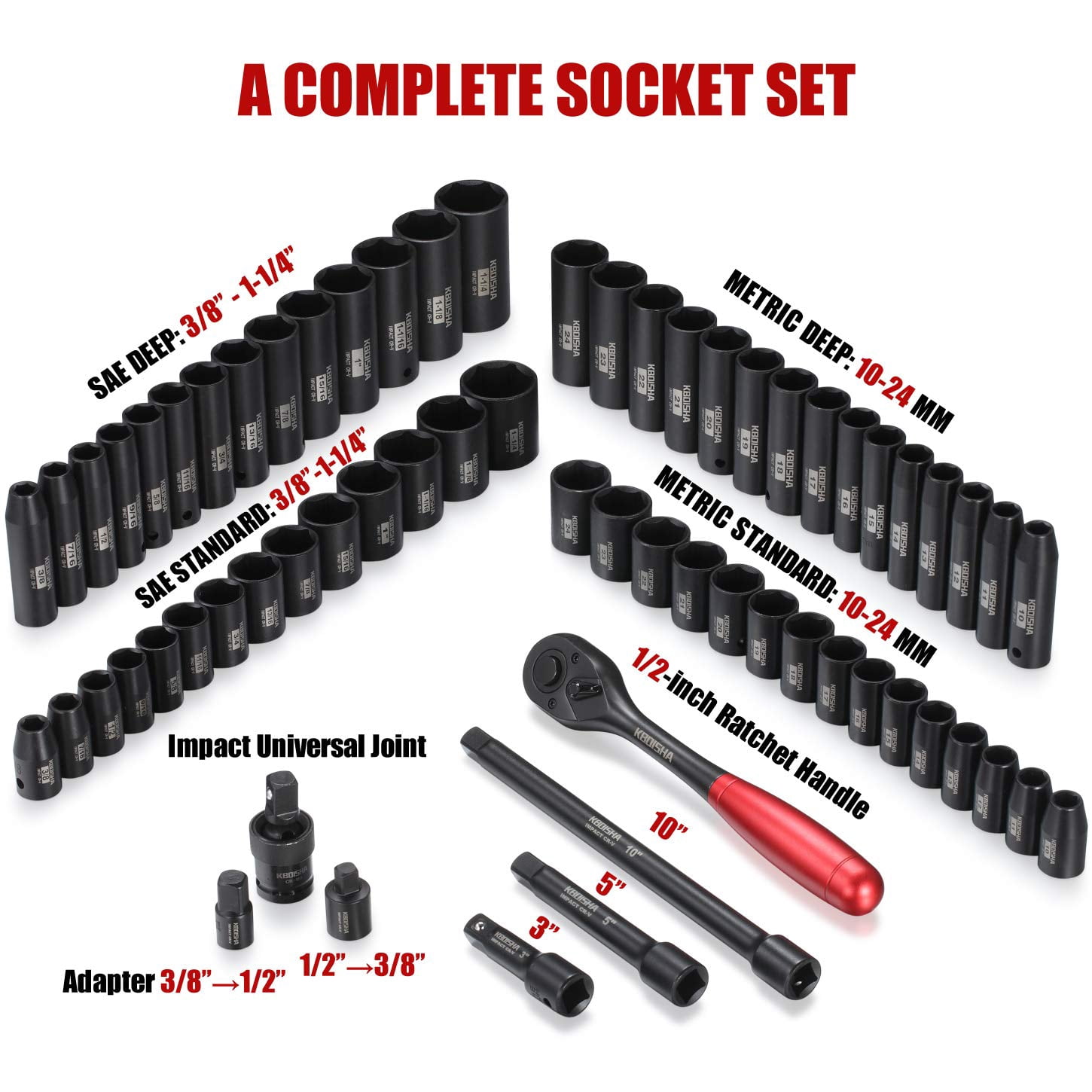 1/2" Master Drive Impact Socket Set,65-Piece 6 Point Socket Set Standard SAE and Metric Sizes CR-V Steel Sockets with Adapters & Ratchet Handle