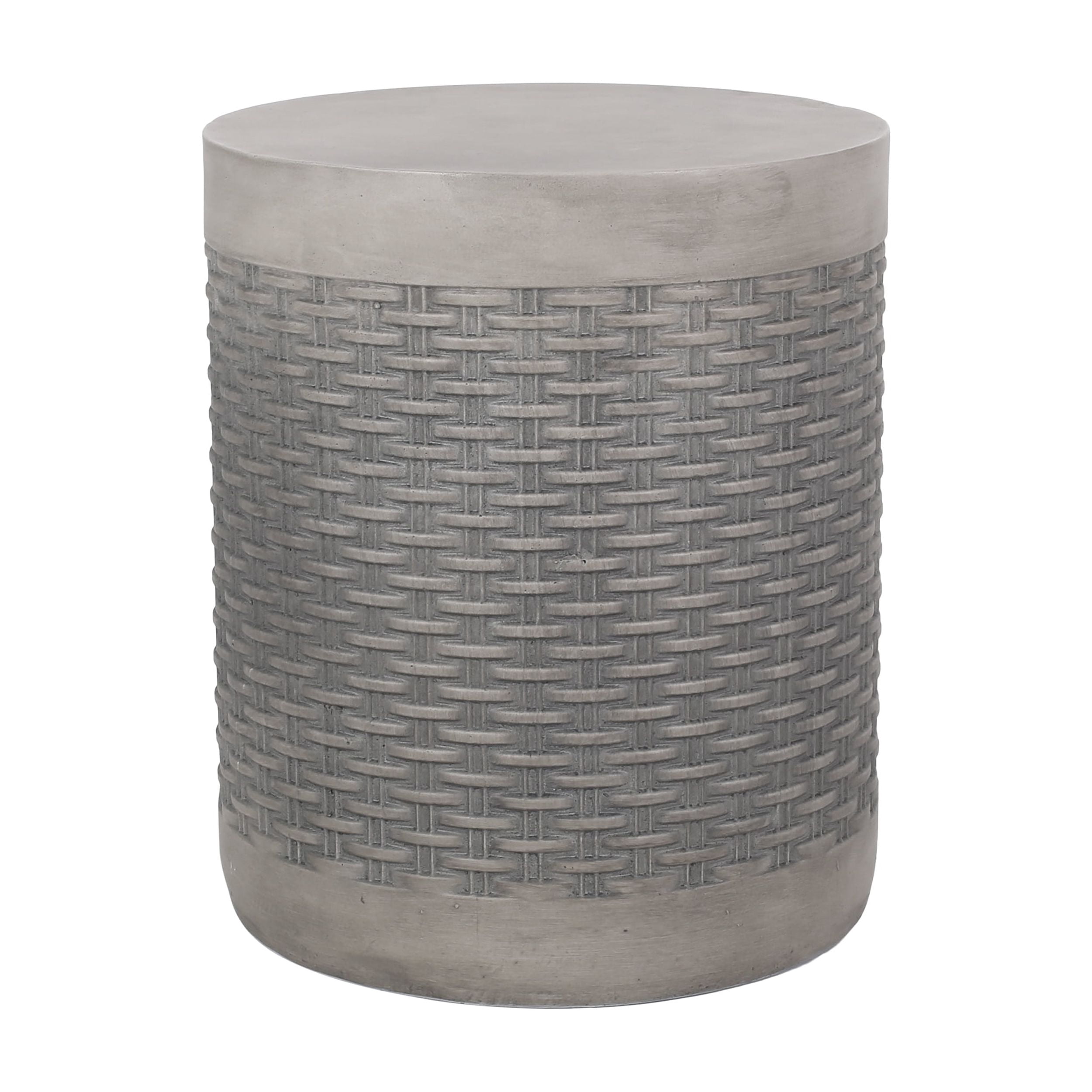 Outdoor Round End Table, Lightweight Concrete with Basket Weave Pattern for Patio Garden, White