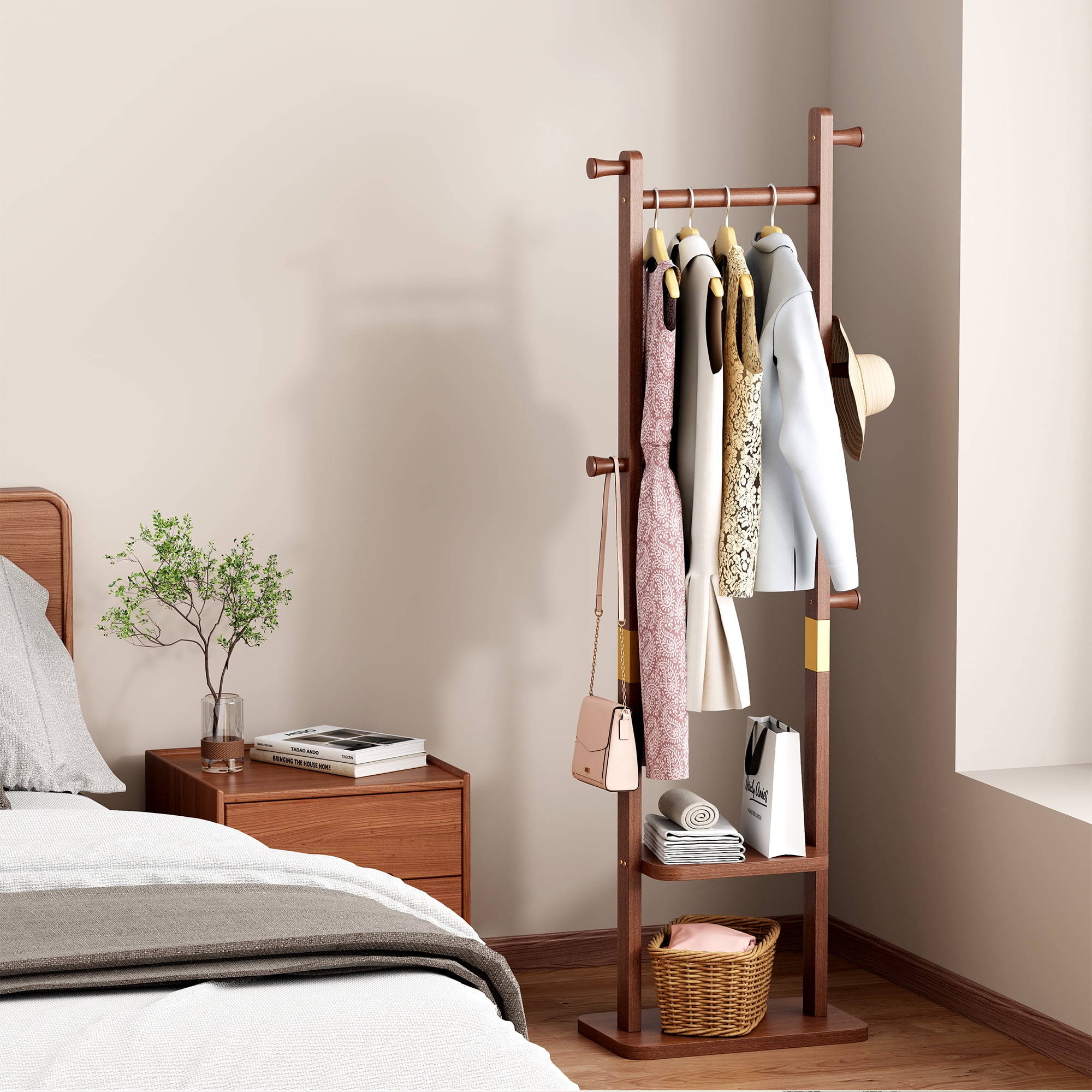 HOQBN Wood Coat Rack,70"H Solid Wood Hall Tree with 5 Hooks & Wood Hanger for Hallway,Living Room,18.9 x 11.8 x 69.63 inches,Walnut