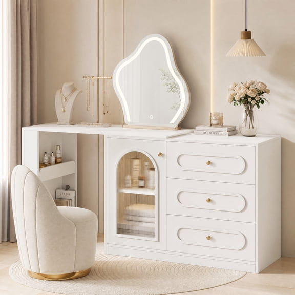 Fnova 78" Reversible Vanity Desk with 3 Drawers, Modern Makeup Vanity Desk with Extendable Table for Bedroom, White (Without Mirror)