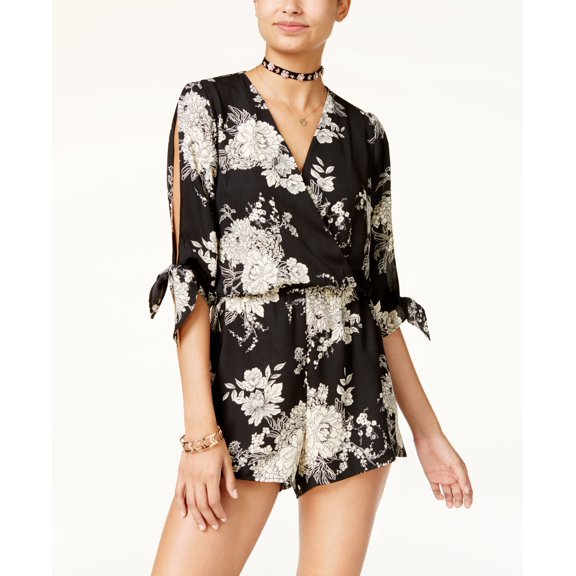 Be Bop Juniors Printed Lace Trim Split Sleeve Romper Black Ivory XL