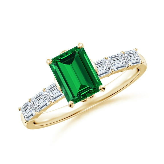 ANGARA Emerald-Cut Lab Grown 1 Ct Emerald Engagement Ring with Diamond Accents for Women in 14K Yellow Gold (Size-7x5mm) | May Birthstone, Anniversary, Jewelry Gift for Women | Lab-Grown Emerald Ring