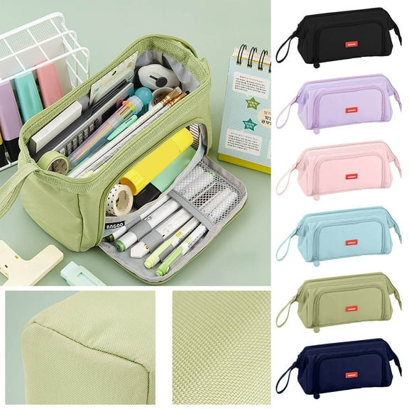 Fmlxio Pencil Case, Large Capacity Pencil Case Organizer Large Capacity Double Layer Canvas Pencil Case, Multifunctional Portable Stationery Case Summer Savings Evergreen Black