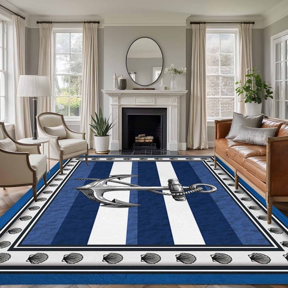 6x9 Area Rugs for Living Room, Navy Blue Anchor Non Slip Area Rugs for Kitchen Bedroom Entryway, Nautical Summer Beach Coastal Ocean Washable Carpet Runner Rug Floor Mats for Bedroom Home Decor