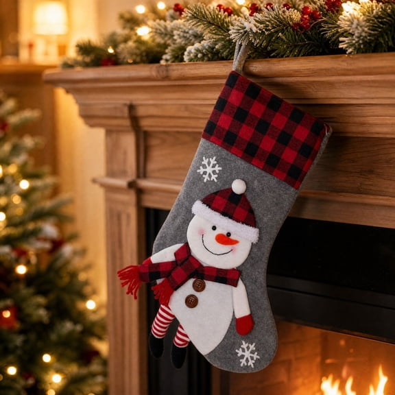 Snowman Christmas Stocking, Plaid Character Xmas Stocking with Dimensional Feet and Hanging Cord, Holiday Gift Bag for Fireplace Mantel, Tree and Home Decor