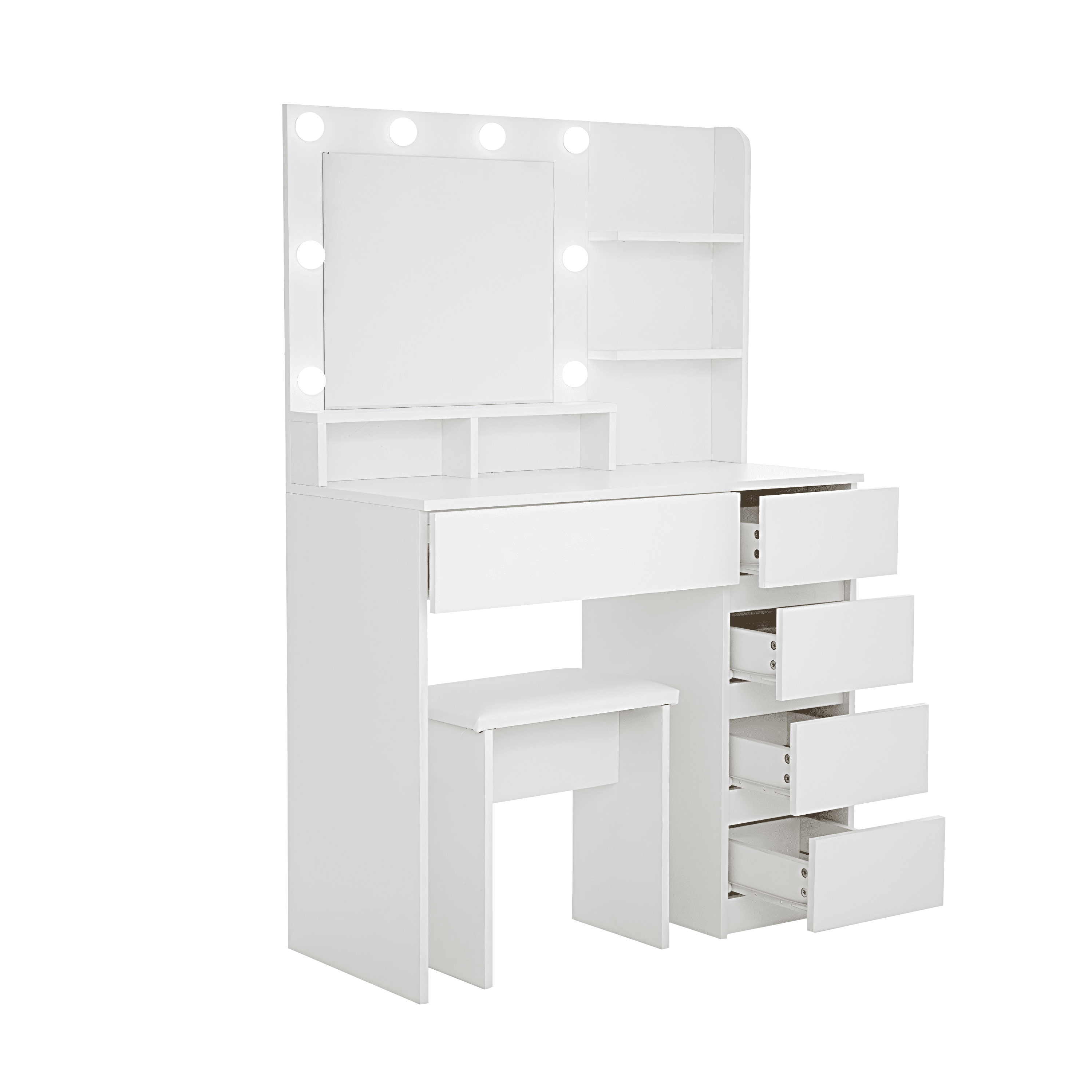 BaPiPro Vanity Desk Set with Lighted Mirror & Stool, White Makeup Vanity Table with 3 Lighting Modes & Adjustable Brightness, Large Storage Dressing Table for Bedroom