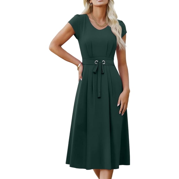 ZQUUVOU Summer Dresses for Women Belted Waist Short Sleeve Midi Dress Casual Soft Breathable Elegant Summer Office Daily Wear Green