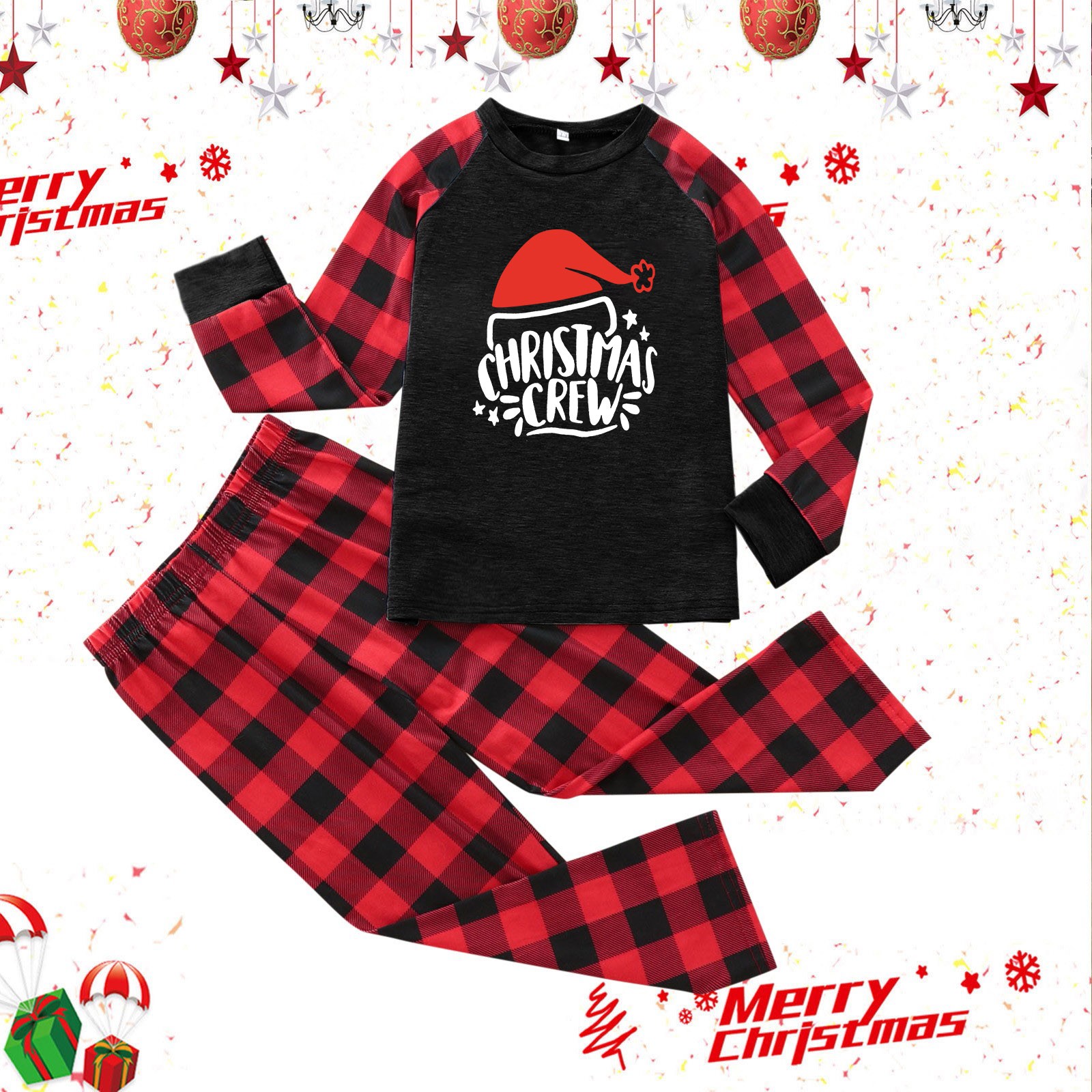 TAIAOJING Family Christmas Pjs Matching Sets Kids Matching Family Pajamas Sets Crew Print Top And Plaid Pants Sleepwear For Kids - image 4 of 8