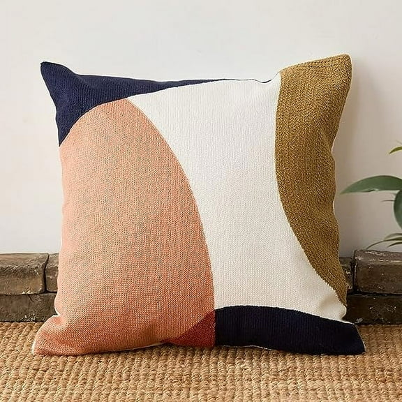 ERDOUY Boho Geometric Tufted Decorative Throw Pillow Cover Farmhouse Cotton Embroidery Accent Square Cushion Case for Couch Sofa Bed (EmbroideryM, 18"x18")