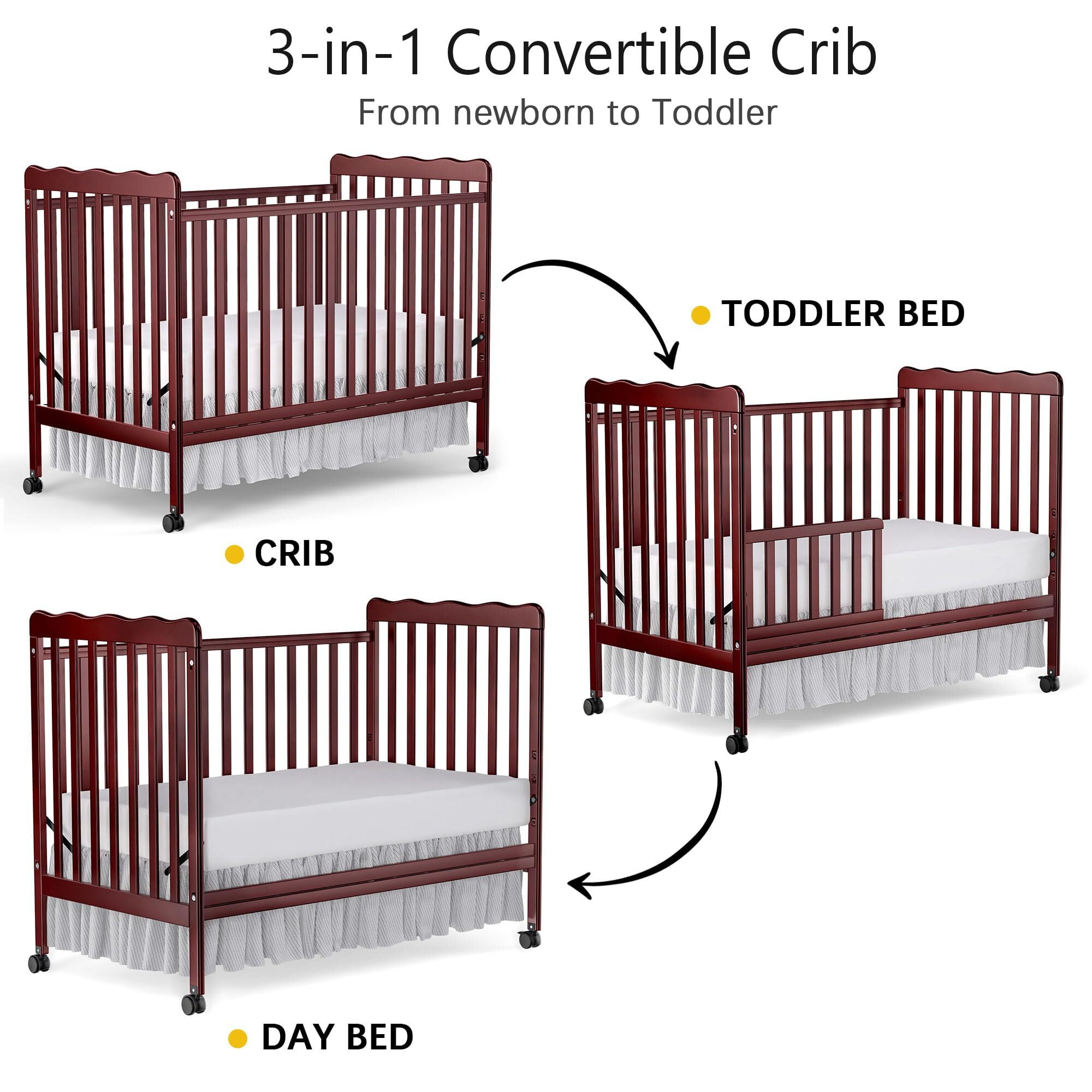 Baby Convertible Crib 3 In 1, Converts from Baby Crib to Toddler Bed, New Zealand Pinewood Baby Bed with Locking Wheels and Teething Rail, Crib with 4 Height Adjustment and Non Toxic Finish, Cherry