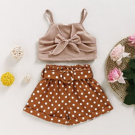 

Leutsin Toddler Baby Girls Sleeveless Bowknot Suspender Tops+Dot Printed Shorts Outfits