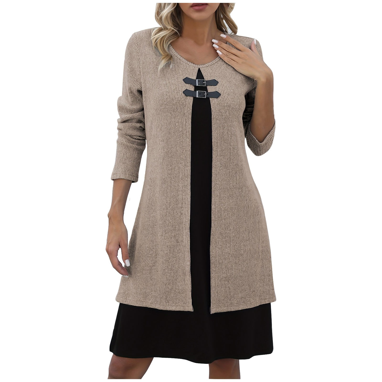BSDJILFG Sweater Dress Long Sleeve Fall Winter Fake Two Piece Sets Button Mini Shirt Dress