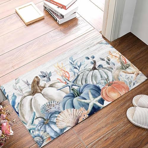 Doormat Indoor Entrance Home Decor Door Mat Fall Blue Pumpkin Coral Floor Rugs for Kitchen Bathroom Coastal Orange Thanksgiving Grey Wood Funny Welcome Mat 17x30 Inch.