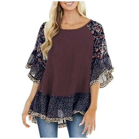 

Womens Tops Dressy Casual Round Neck Halter Tops Doll Sleeve Chiffon Patchwork Leopard Print Corset Tops