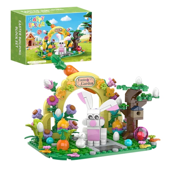 Easter Bunny Garden Building Set, Rabbites, Colorful Easter Egg and Festive Decors, Building Blocks Kit Decors
