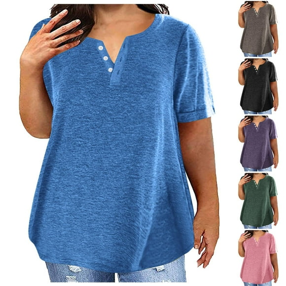 CFLVAEK Womens Plus Size T Shirts Loose Fit Henley T Shirt Casual Short Sleeve Tshirts Solid Color Basic Tees Summer Vacation Clothes Army Green XXL