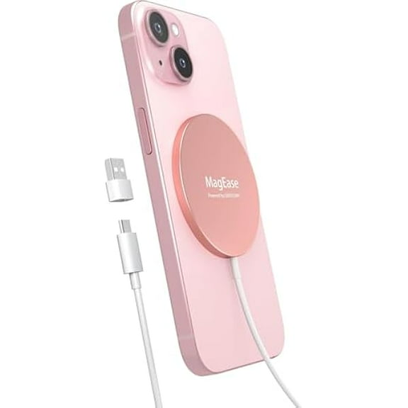 FU1999Magnetic Wireless Charger,MagEase 15W Wireless Charger Magnetic Compatible with iPhone 16/15/14/13/12 Series and AirPods 3/2/Pro, Charging Pad with USB-C Cable and USB-A Converter (Pink)
