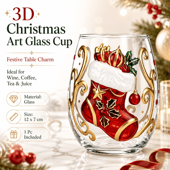 3D Christmas Glass Art Cup Christmas Embossed Stemless Glassware Printed Holiday Tumbler for Coffee Tea Juice Milk Party Home Dining Table Decor