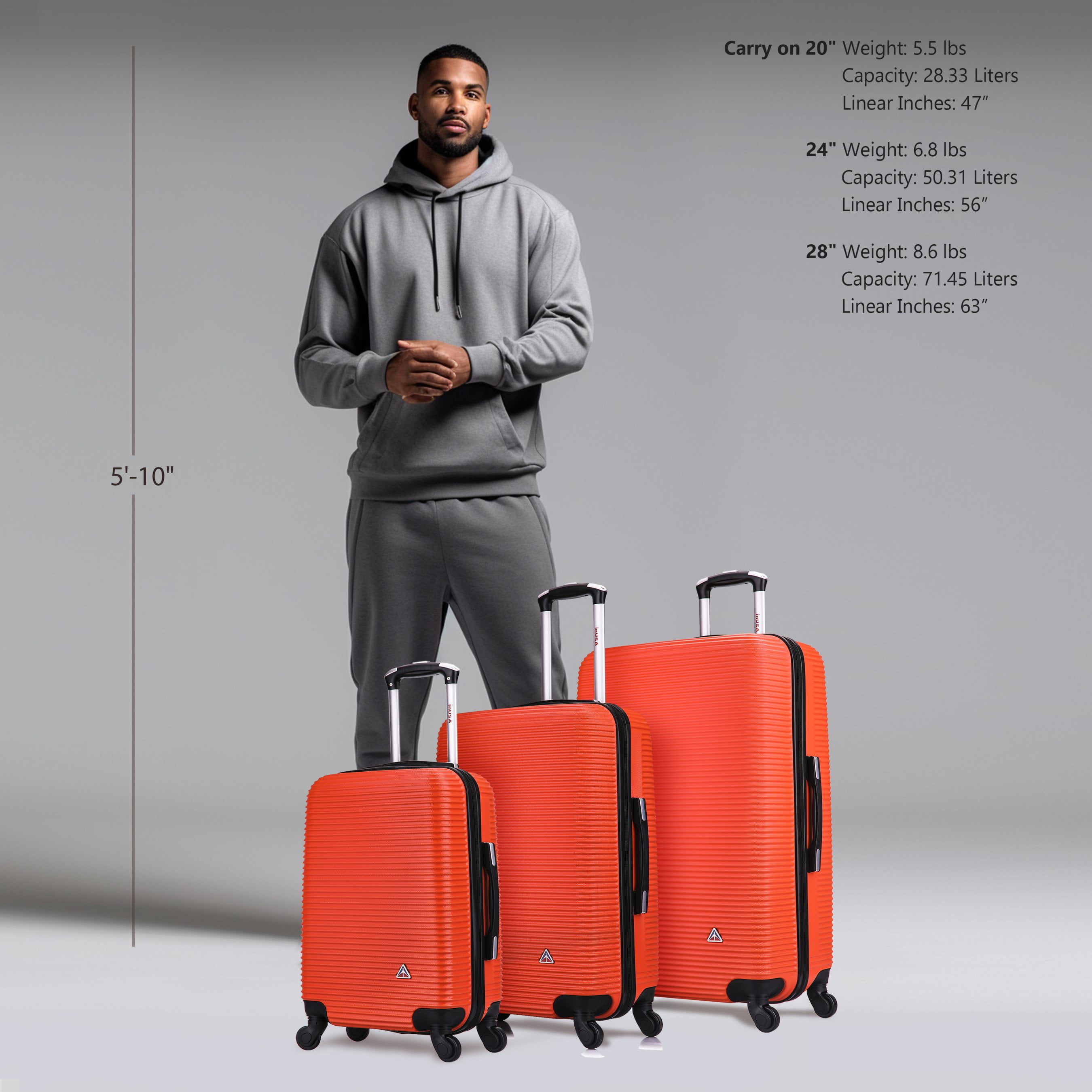InUSA Royal 3-Piece Hardside Luggage Sets with Spinner Wheels, Handle, and Trolley, (20"/24"/28"), Orange