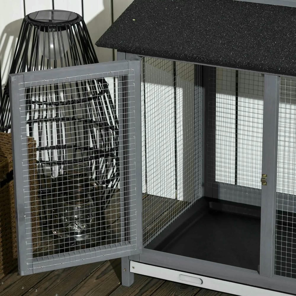 Spaco 90.5" Wooden Rabbit Hutch Bunny Cage Pet Playpen House Enclosure with Double Side Run Boxes, for Guinea Pig and Small Animals, Light Gray