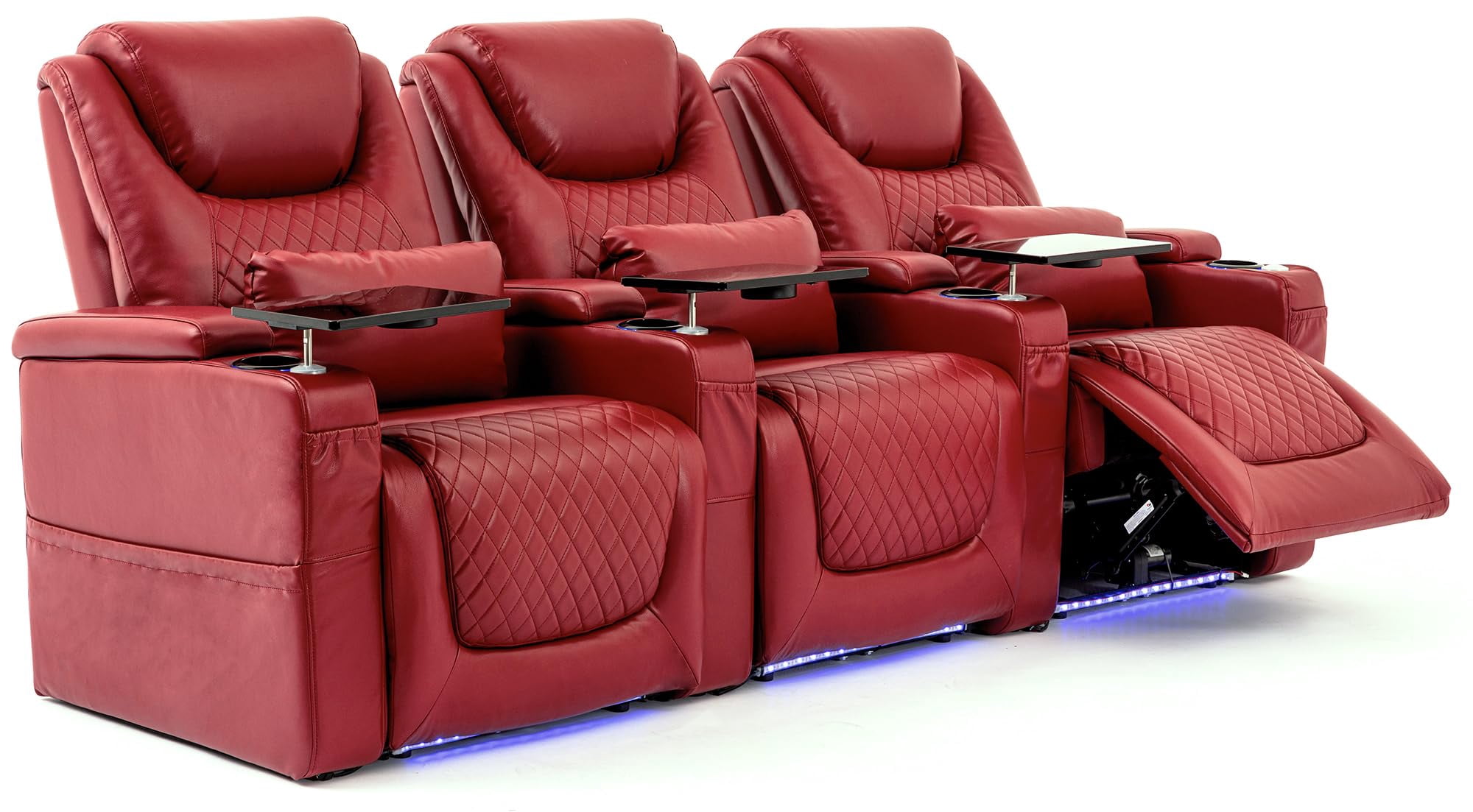 Home Theater Seating Seats, Theater Recliner Chair Sofa Game Movie Theater Chairs with 7 Colors Ambient Lighting, Lumbar Pillow, Side Pocket, Tray Table, Power Recline, Red
