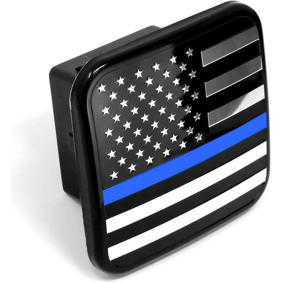 MULL USA Flag Metal Hitch Cover Plug (Fits 2" Receiver, Black & Chrome with Thin Blue Line)