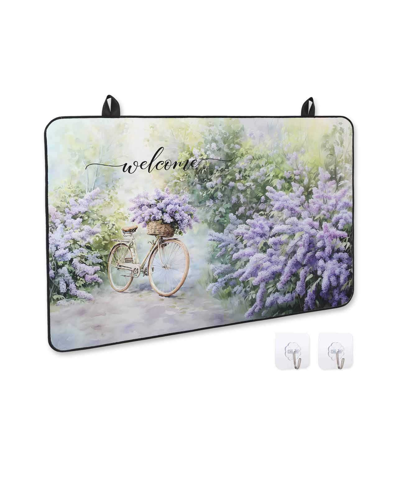 nqOlkjepod Large Induction Cooktop Protector Mat 24"x21", Purple Lavender Stove Top Covers for Electric Stove, Green Leaves Spring Bike Botanical Stove Burner Cover Mats, Glass Top Stove Cover
