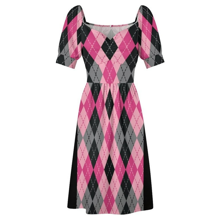 knee length dresses for ladies Pink Argyle Short Sleeve Tennis Dress with Built-in Shorts