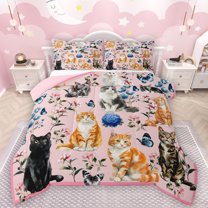 Manfei Cute Pet Cat Queen Comforter Set,Retro Rustic Flower Bedding Sets,Blue Hydrangea Butterfly Bedding Comforter Set For Girls Kids,Luxury Bedroom Decor Reversible,3pcs