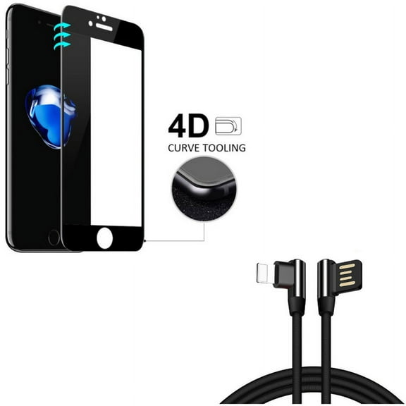 iPhone 7/8 PLUS Screen Protector w Angle USB Cable - Tempered Glass 4D Touch Curved Edge Full Cover, 6ft Charger Cord Power Wire for iPhone 8 PLUS/7 Plus