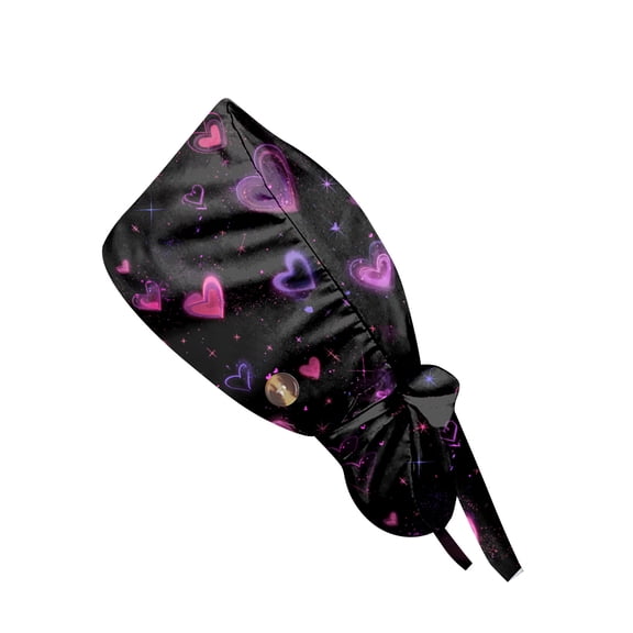 Fgvctg Valentine’s Day Glowing Heart Bouffant Scrub Cap One Size Tie Back Fit Womens Long Hair Comfortable Head Cover for Work and Daily Use Black