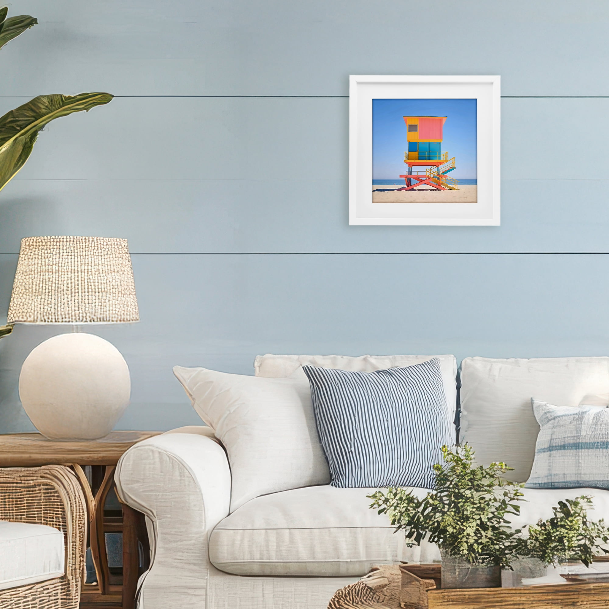 Stupell Industries Deco Lifeguard Tower on Beach White Framed Print Under Glass, design by Creative Studio