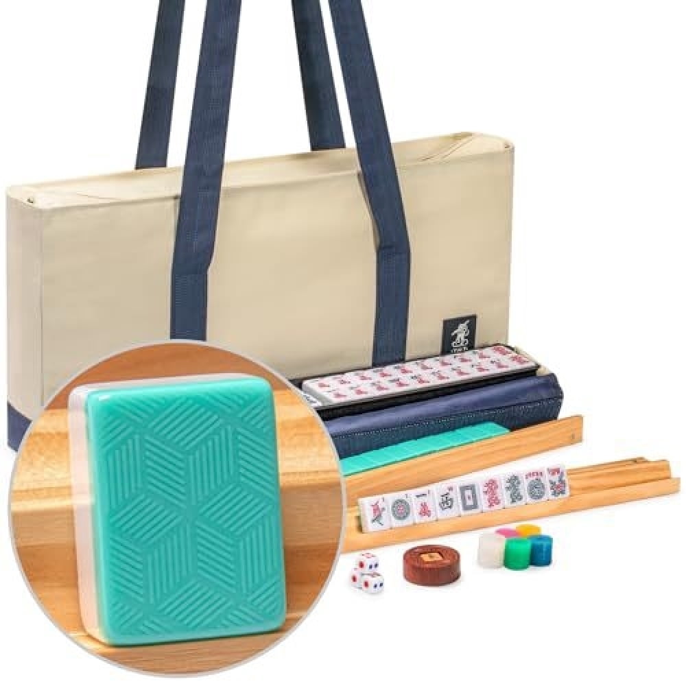 American Mahjong Set - 166 premium white mahjong tiles, 4 integrated tile holders/pushers, canvas bag