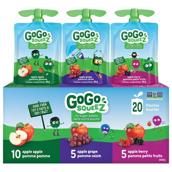 Assortiment de gourdes de compote de fruits GoGo squeeZ, Pomme pomme, Pomme raisin, Pomme petits fruits, Sans sucre ajouté. 90 g par gourde, paquet de 20, 1,8 kg