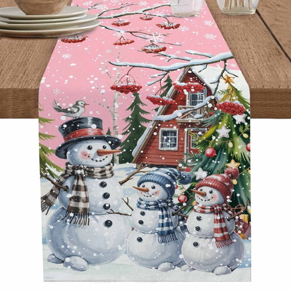 nqOlkjepod Pink Christmas Table Runner 70 Inches Long Farmhouse Dress Scarves, Xmas Winter Snowman Snowflakes Trees Dining Tablerunner for Coffee Table/Kitchen Island/Party Décor, 13" x 70"