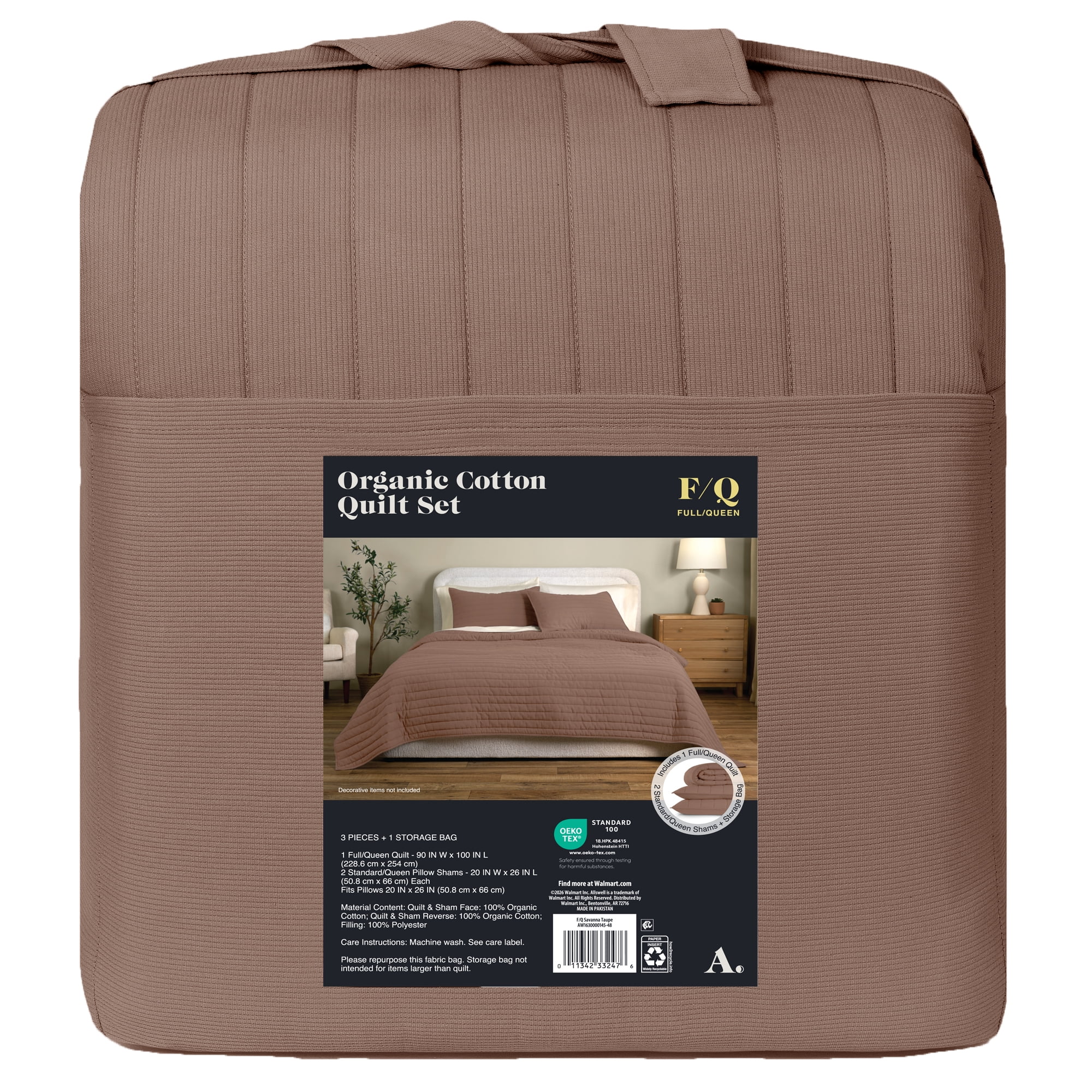 Allswell Organic Cotton 3-Piece Quilt Set, Savannah Taupe Brown, Full/Queen