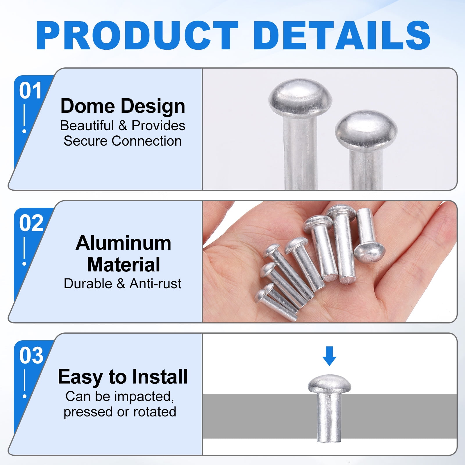 Uxcell 150 Pack Brazier Head Solid Aluminum Rivets, M6 Dia x 20mm Length Round Head Aluminum Boat Rivets for Repairing Boats, Machinery, Aircraft, Automobile Industry